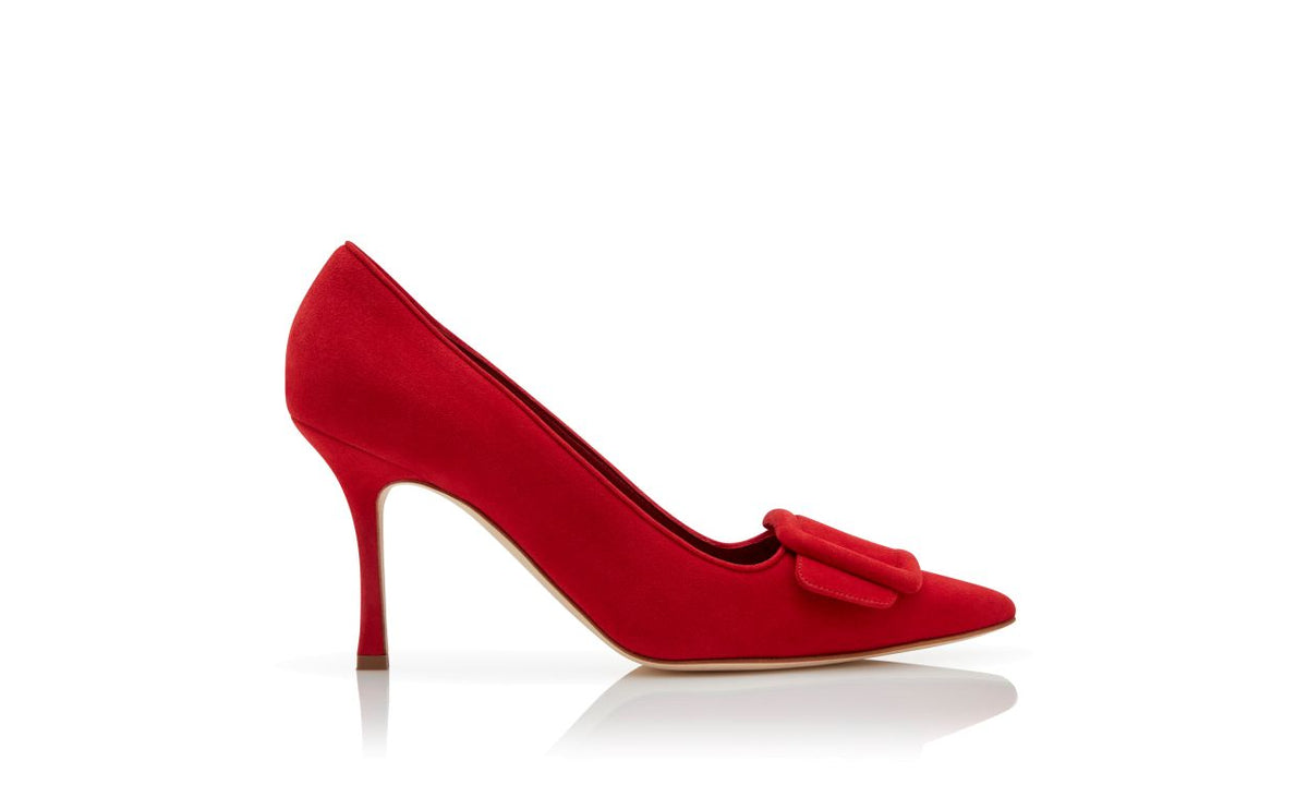 Isadora Dream Red Pointed Toe Pumps – side profile showing red pointed toe, suede, Vowalisse