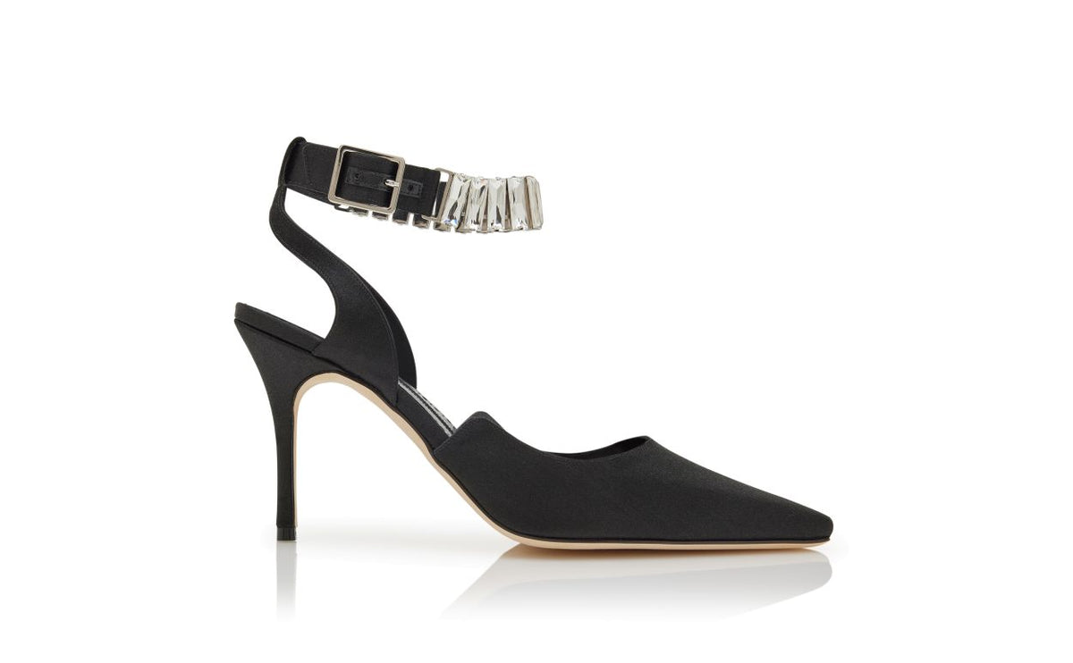 Evangeline Rose Black Crystal Embellished Ankle-Strap Shoes – side profile showing black crystal embellished, ankle strap…