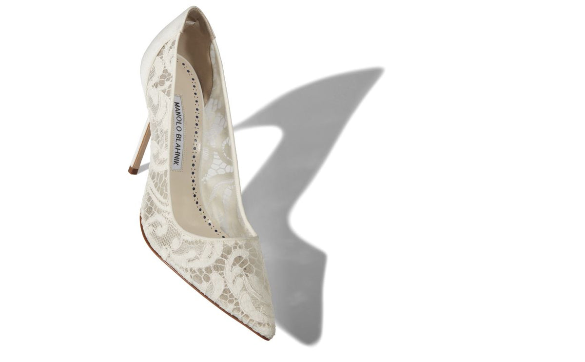 Colette Belle White Pointed Toe Pumps – front three-quarter view showing white pointed toe, satin, lace, Vowalisse