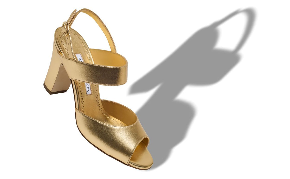 Fiorella Muse Gold Slingback Slingbacks – front three-quarter view showing gold slingback, open toe, nappa leather…