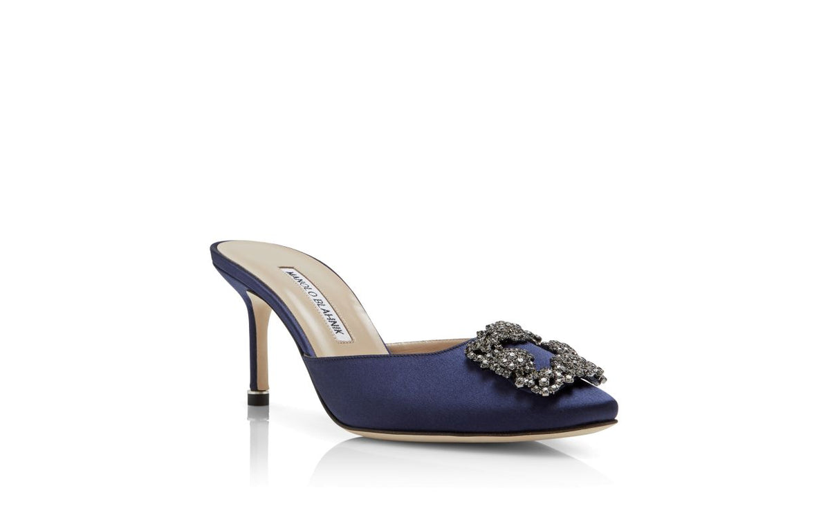Genevieve Dawn Blue Jewel Buckle Mules – top view showing blue jewel buckle, crystal buckle, almond toe, satin, Vowalisse