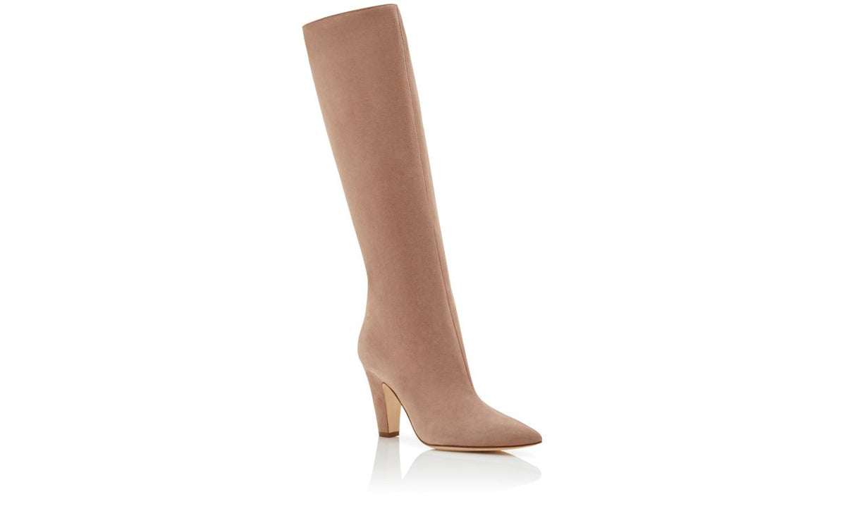 Seraphina Halo Neutral Pointed Toe Knee-High Boots – top view showing neutral pointed toe, suede, Vowalisse