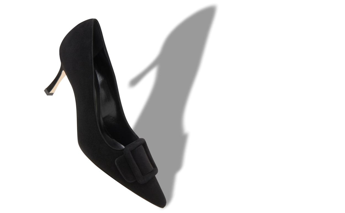 Valentina Dream Black Pointed Toe Pumps – front three-quarter view showing black pointed toe, suede, Vowalisse