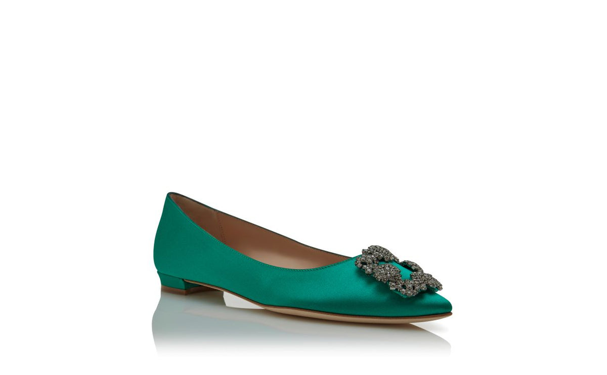Rosalie Crown Green Jewel Buckle Pumps – top view showing green jewel buckle, crystal buckle, almond toe, satin, Vowalisse