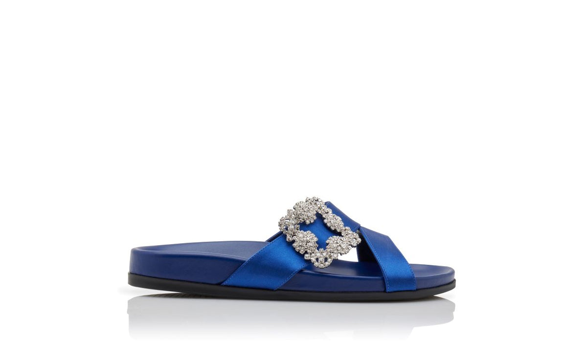 Estelle Grace Blue Jewel Buckle Mules – side profile showing blue jewel buckle, crossover, open toe, satin, Vowalisse