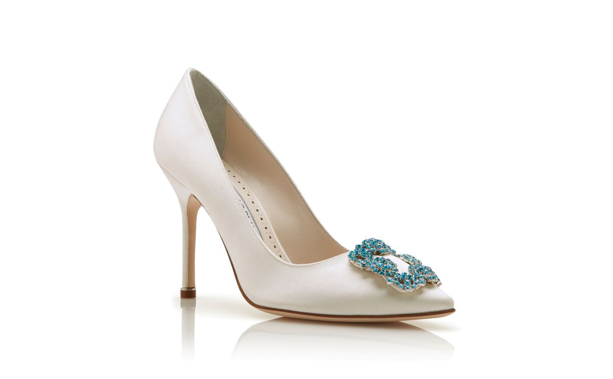 Valentina Belle White Jewel Buckle Pumps – top view showing white jewel buckle, crystal buckle, almond toe, satin…