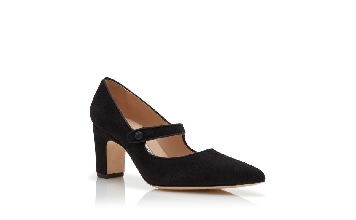 Elara Élan Black Pointed Toe Mary Jane Shoes – top view showing black pointed toe, suede, Vowalisse