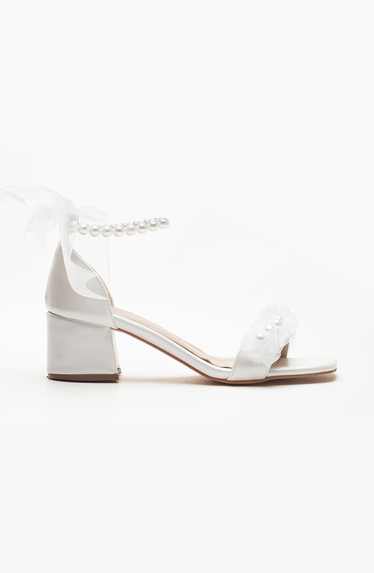 Sanna - Ivory Lace Bridal Sandals with Pearls – detail view showing pearl, lace, leather, Vowalisse