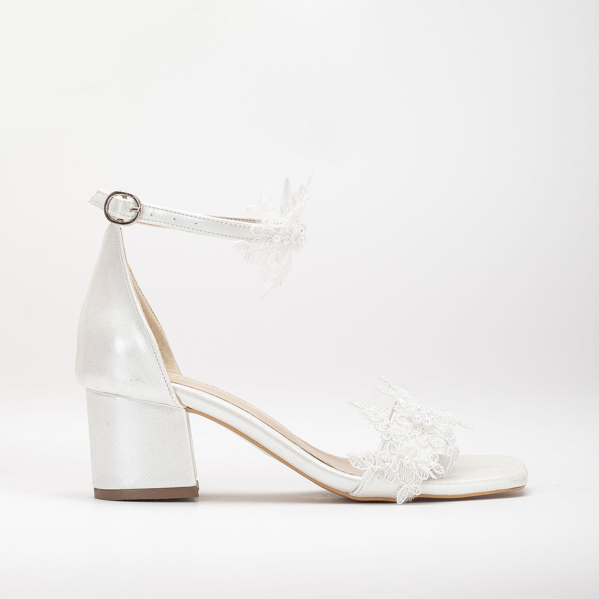 Flora - Floral Lace Wedding Sandals – front three-quarter view showing pearl, lace, ivory, Vowalisse