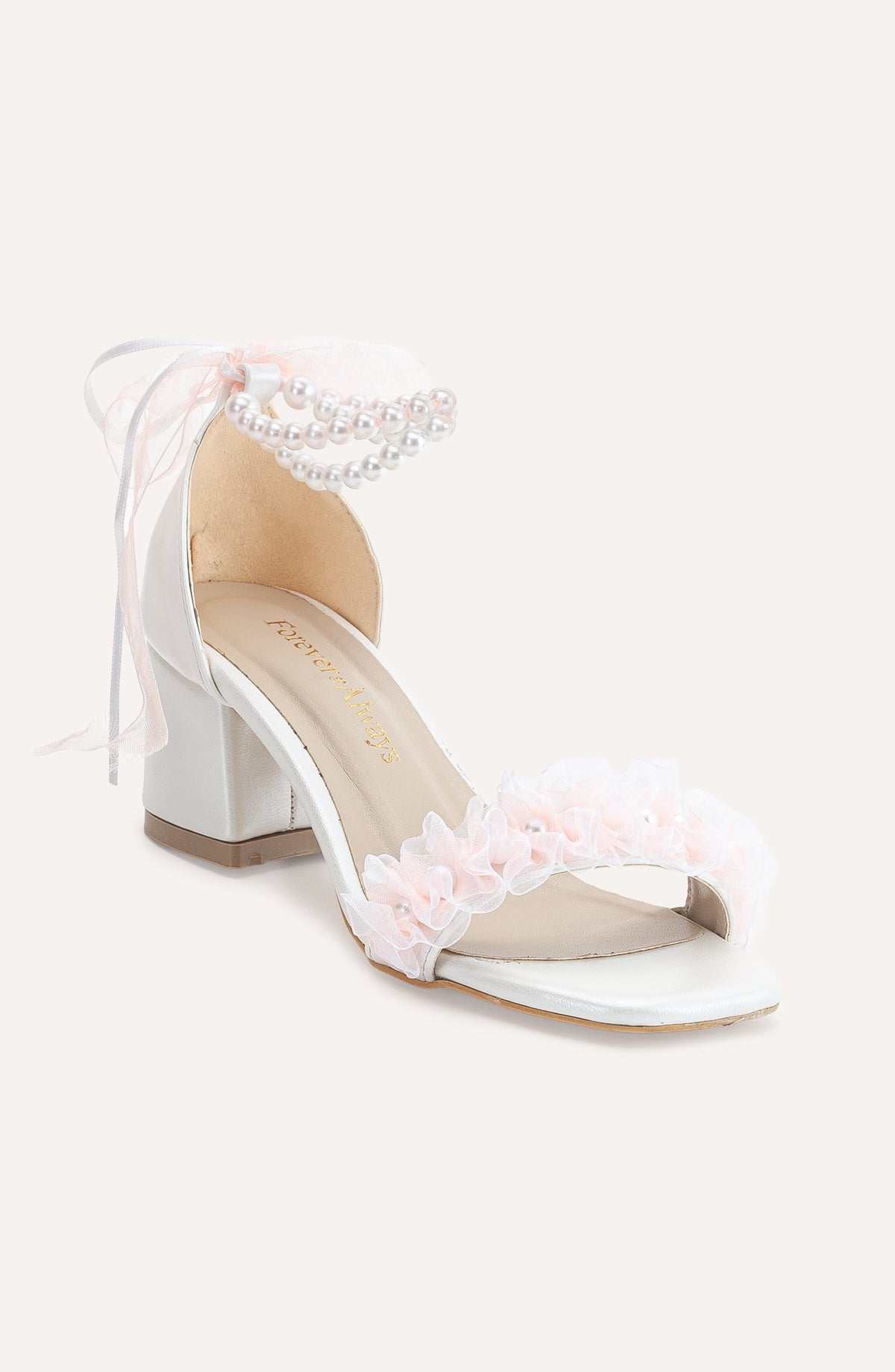 Moana - Lace Bridal Sandals with Pearls – front three-quarter view showing pearl, lace, leather, Vowalisse