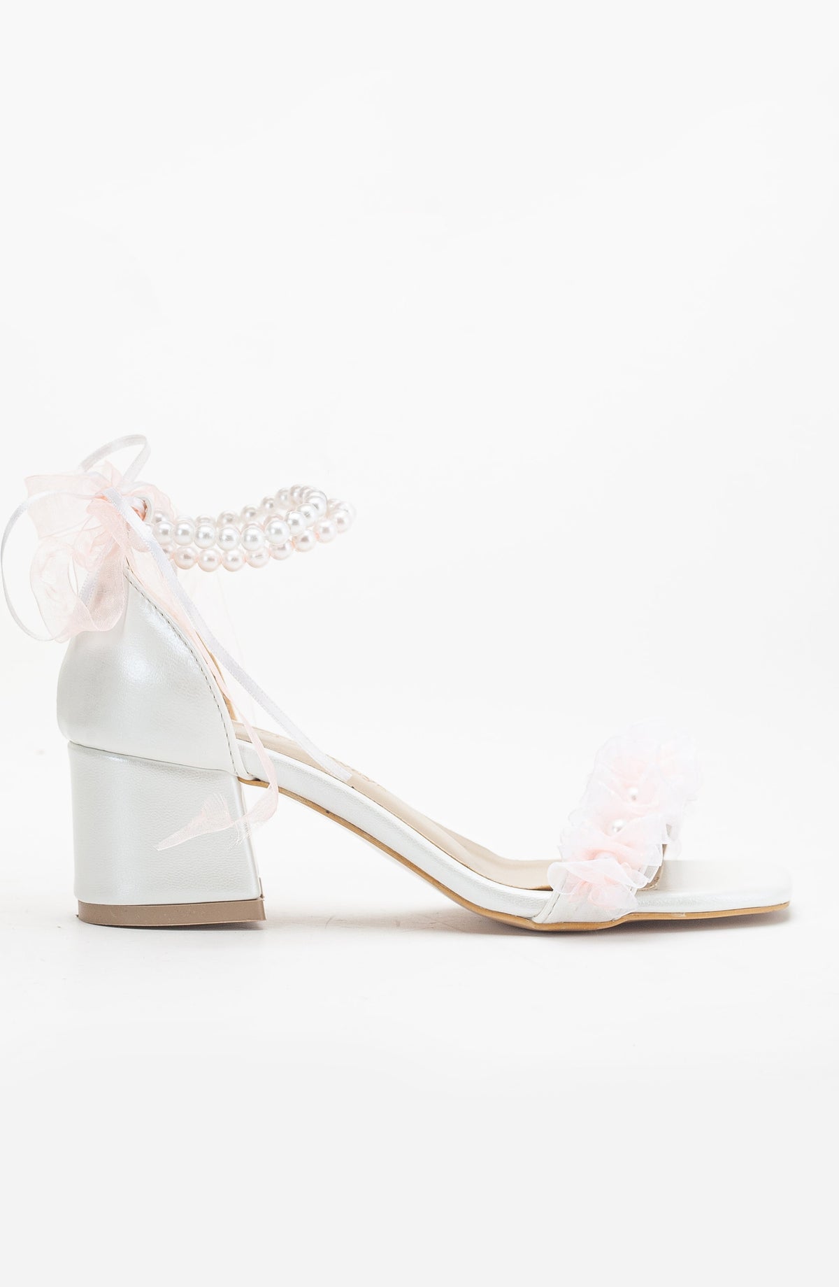 Moana - Lace Bridal Sandals with Pearls – detail view showing pearl, lace, leather, Vowalisse