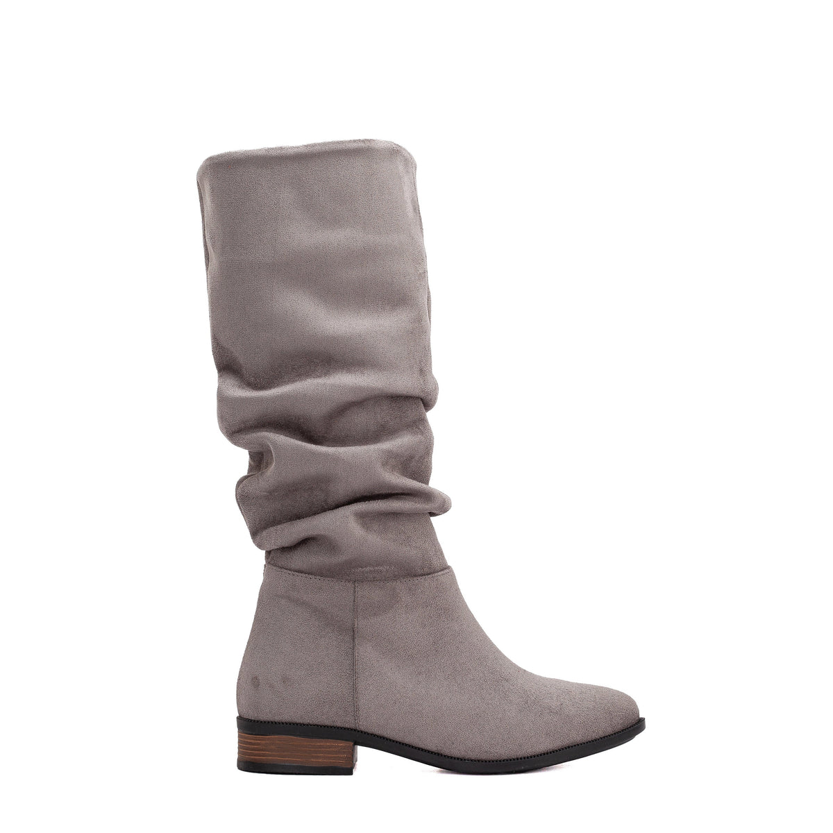 Maribel - Gray Suede Slouchy Boots – front three-quarter view showing suede, red, Vowalisse
