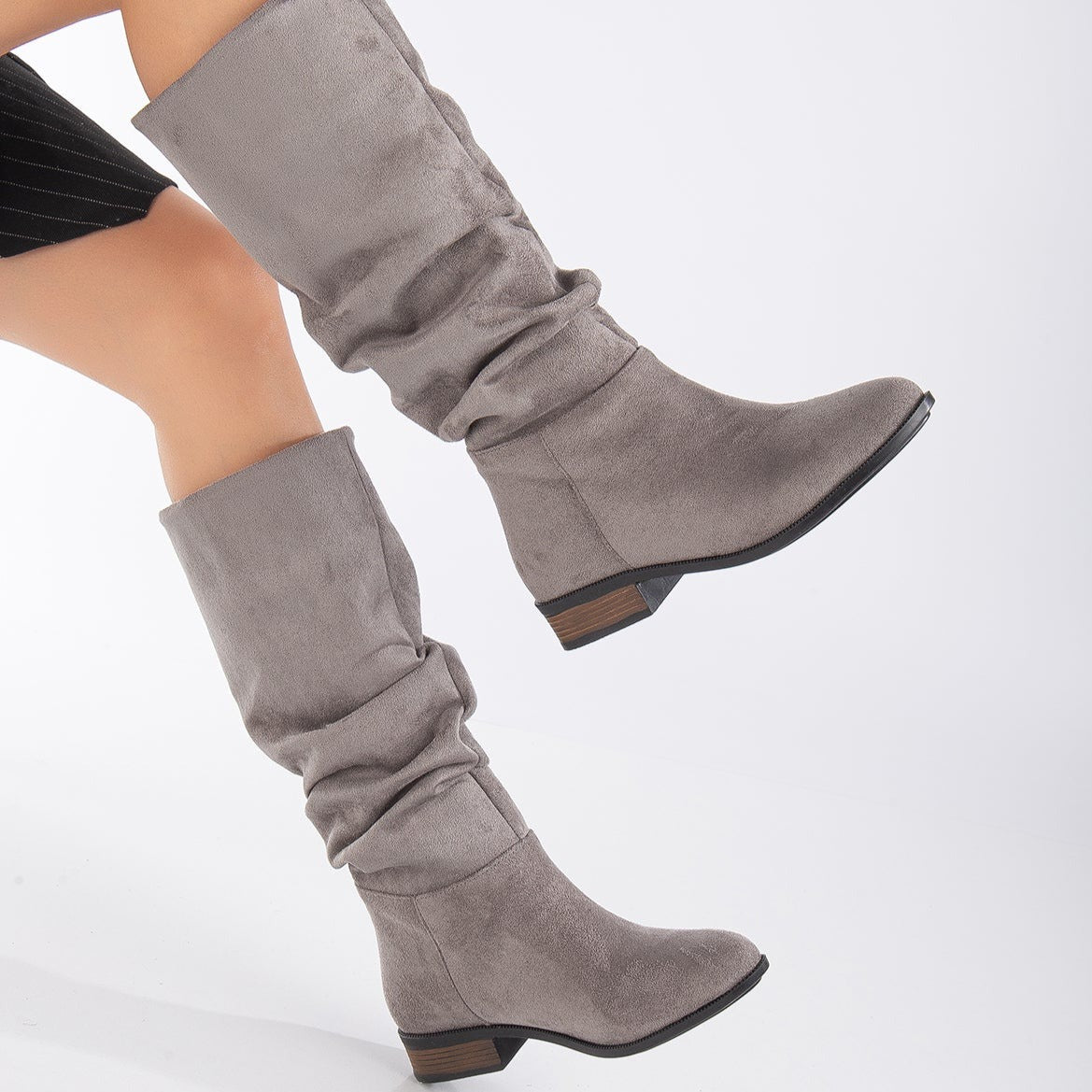 Maribel - Gray Suede Slouchy Boots – detail view showing suede, red, Vowalisse
