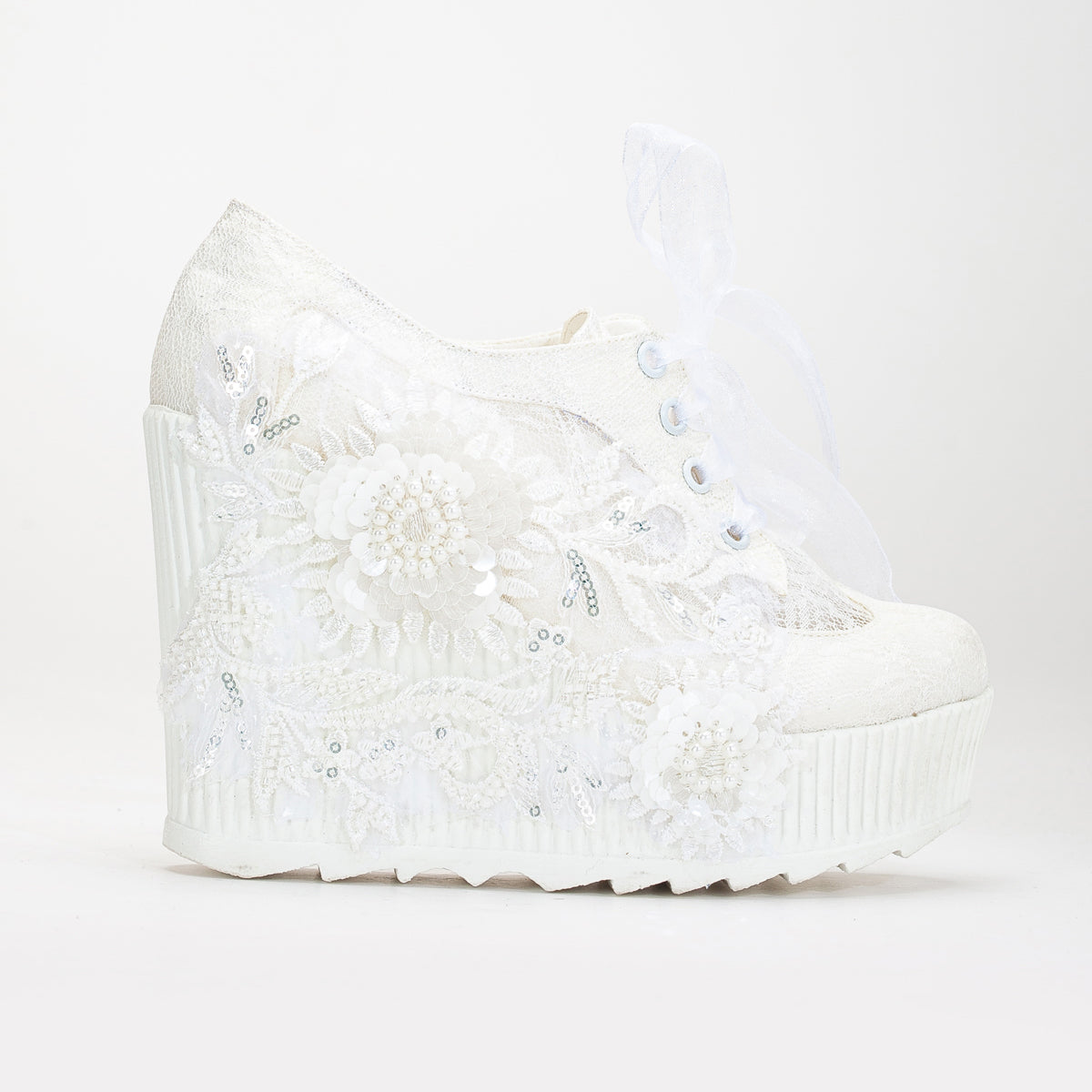 Sheri - Ivory Lace Wedding Sneakers – front three-quarter view showing pearl, lace, ivory, Vowalisse