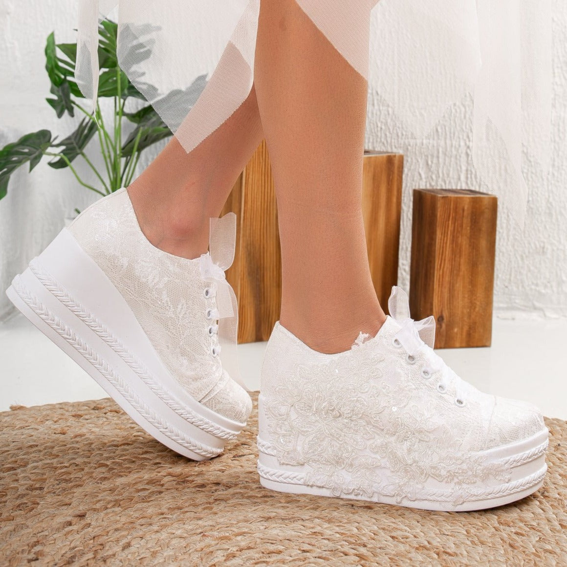 Claudine - Ivory Lace Wedding Sneakers – side view showing lace, ivory, red, Vowalisse