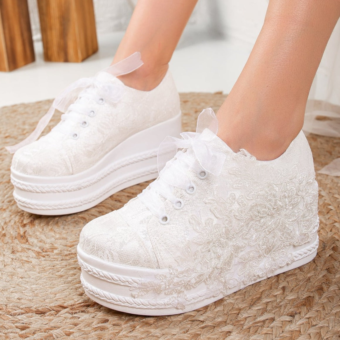 Claudine - Ivory Lace Wedding Sneakers – detail view showing lace, ivory, red, Vowalisse
