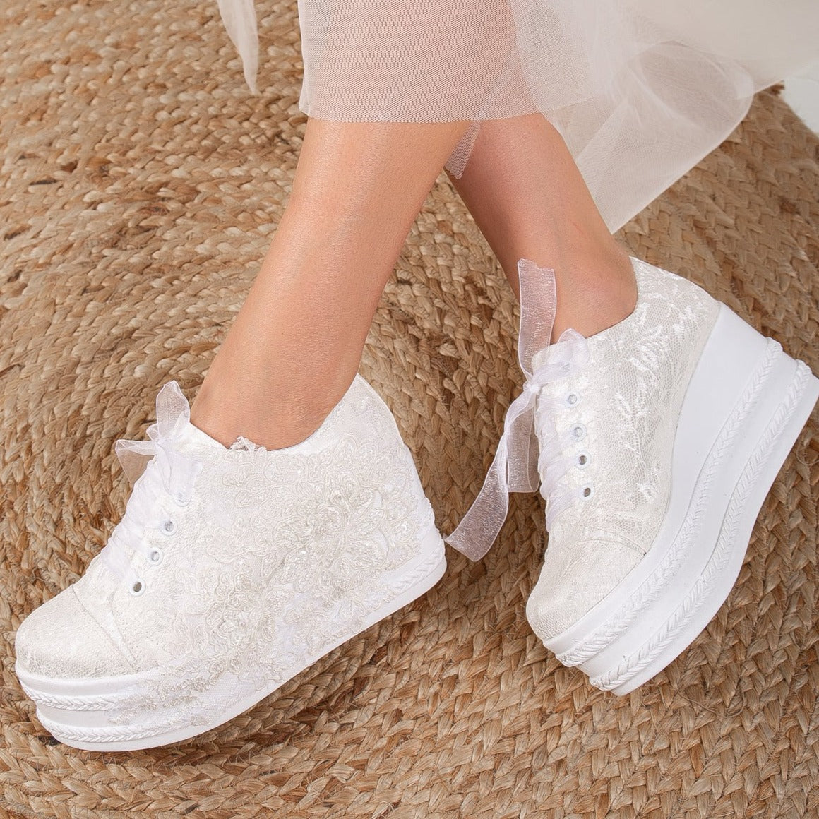 Claudine - Ivory Lace Wedding Sneakers – heel view showing lace, ivory, red, Vowalisse