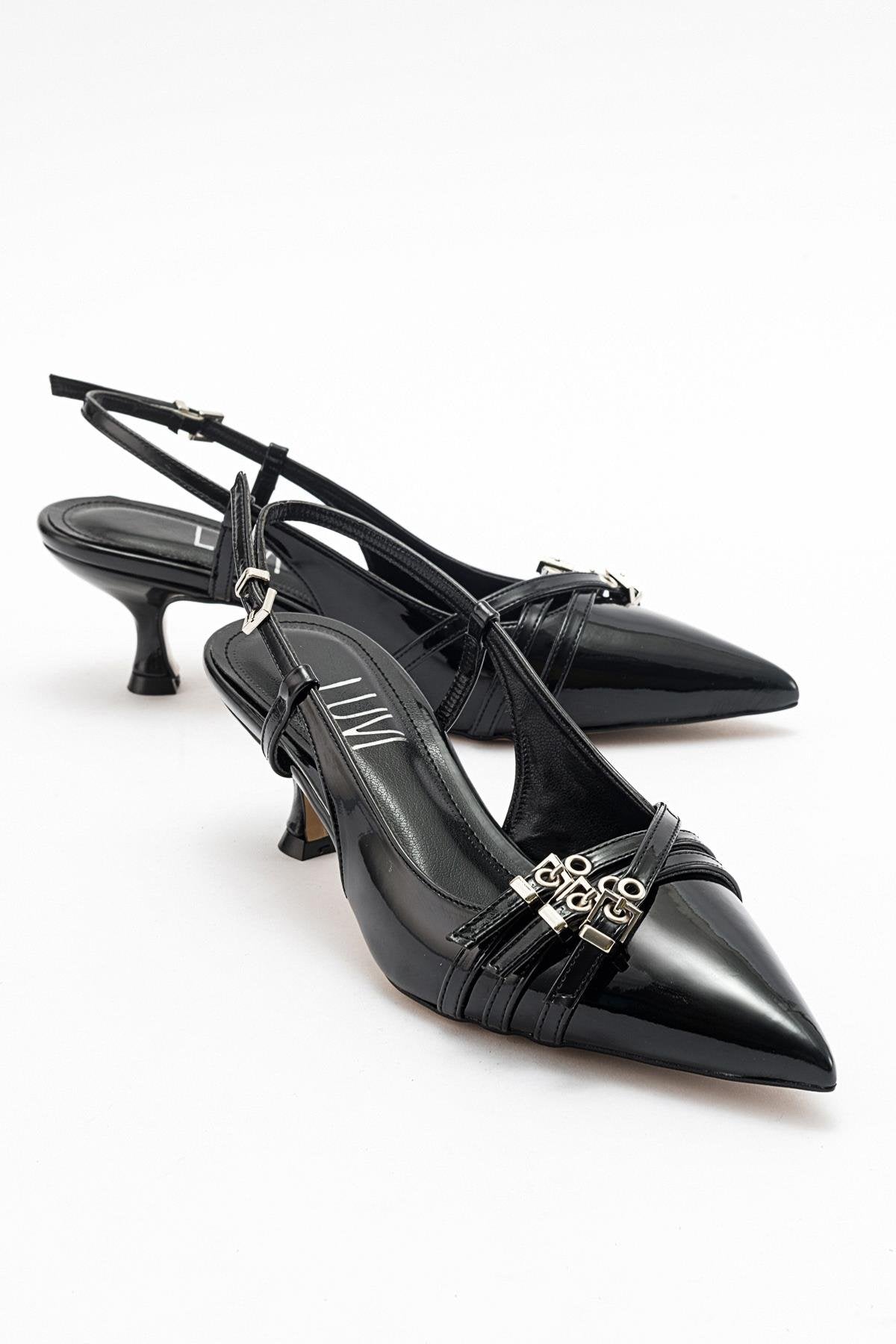 Woss - Black Patent Belt Detail Heeled Shoe – front three-quarter view showing leather, black, Vowalisse