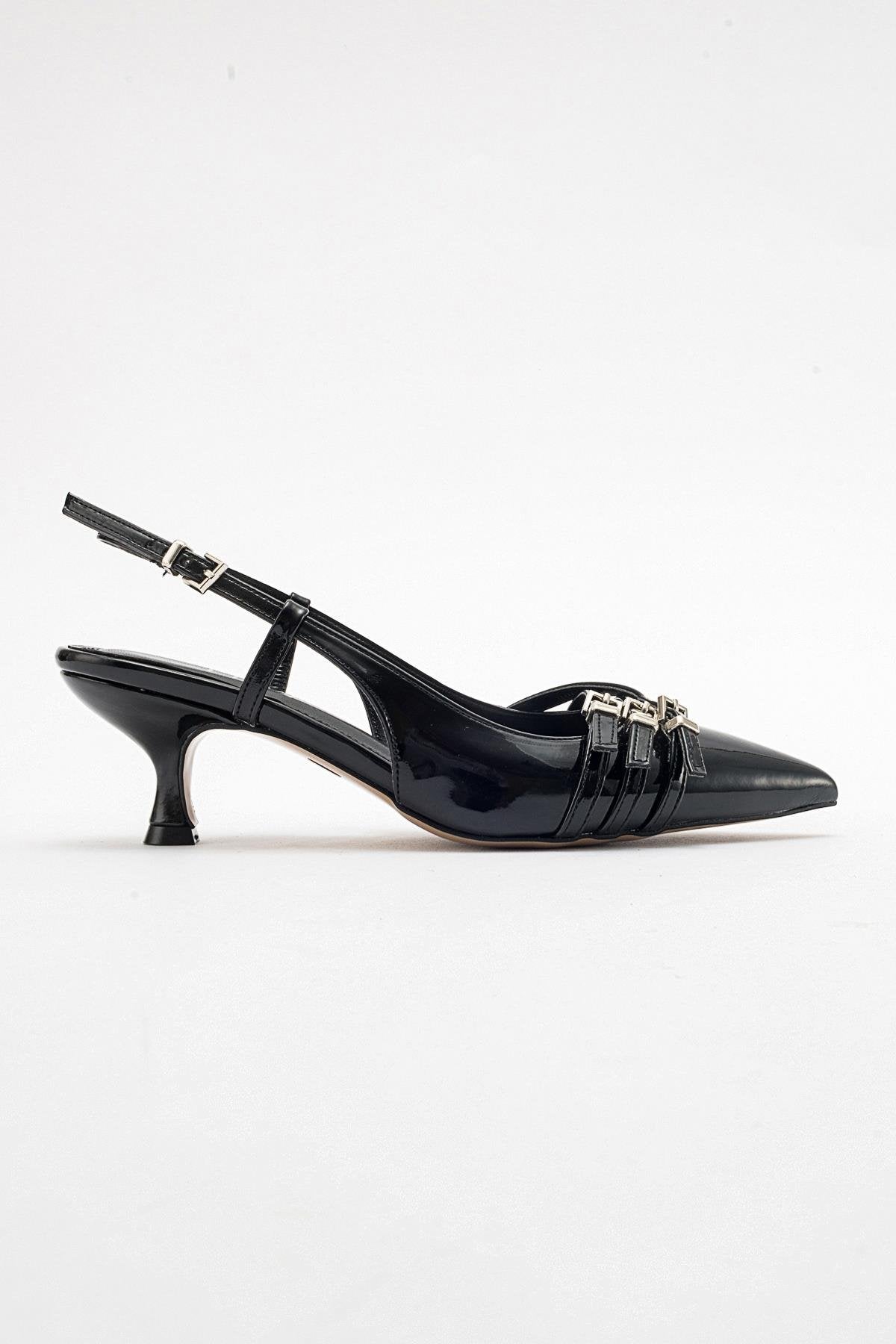Woss - Black Patent Belt Detail Heeled Shoe – top view showing leather, black, Vowalisse