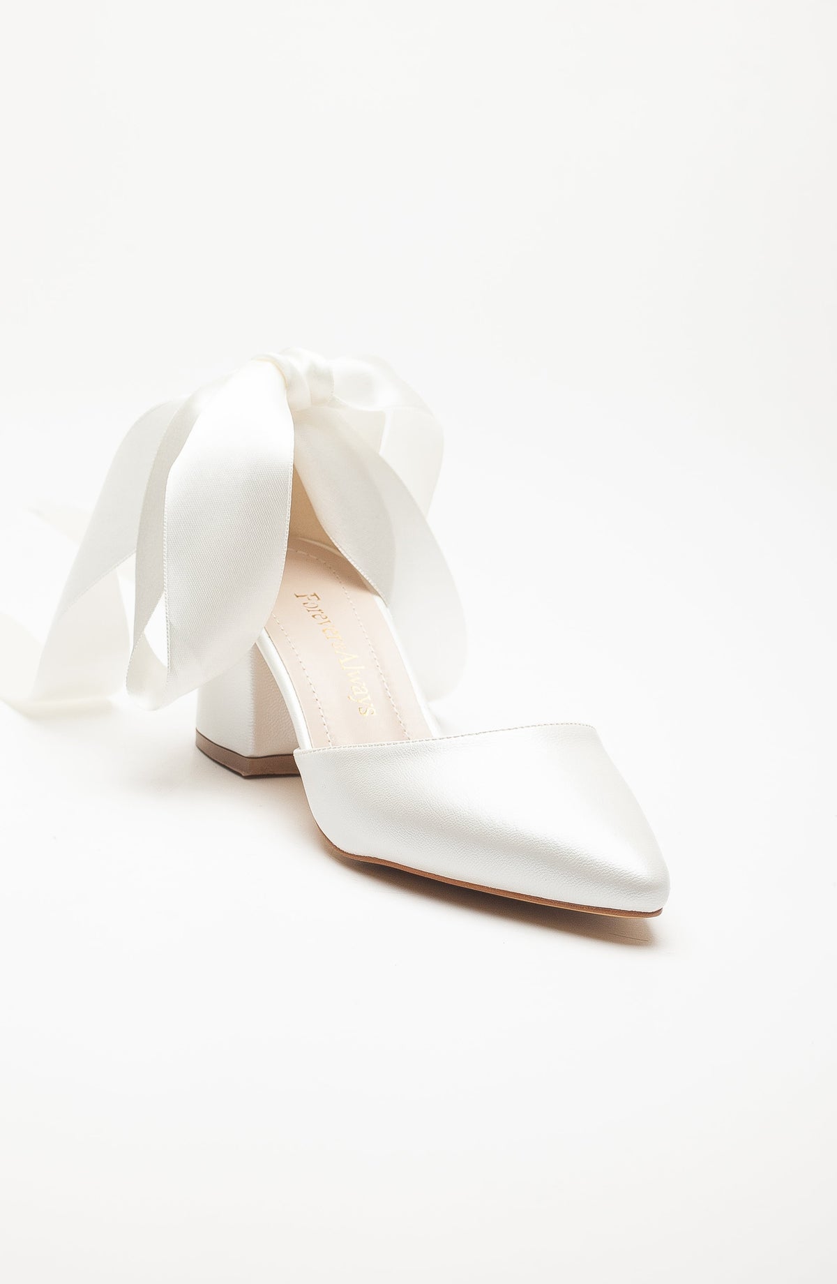Fiona - Ivory Bridal Heels with Ribbon – front three-quarter view showing leather, ivory, Vowalisse