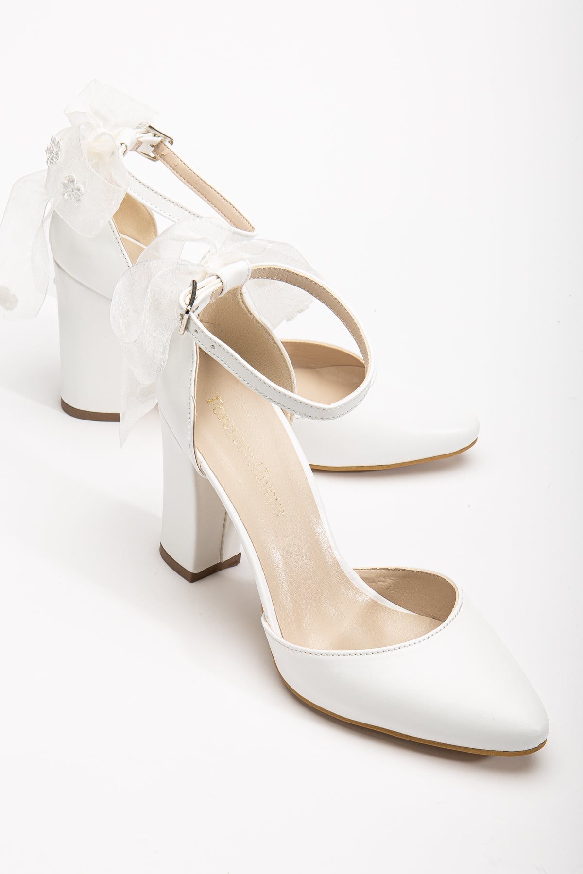 Lilly - White Bridal Shoes with Lace Back Bow – front three-quarter view showing bow, lace, satin, Vowalisse