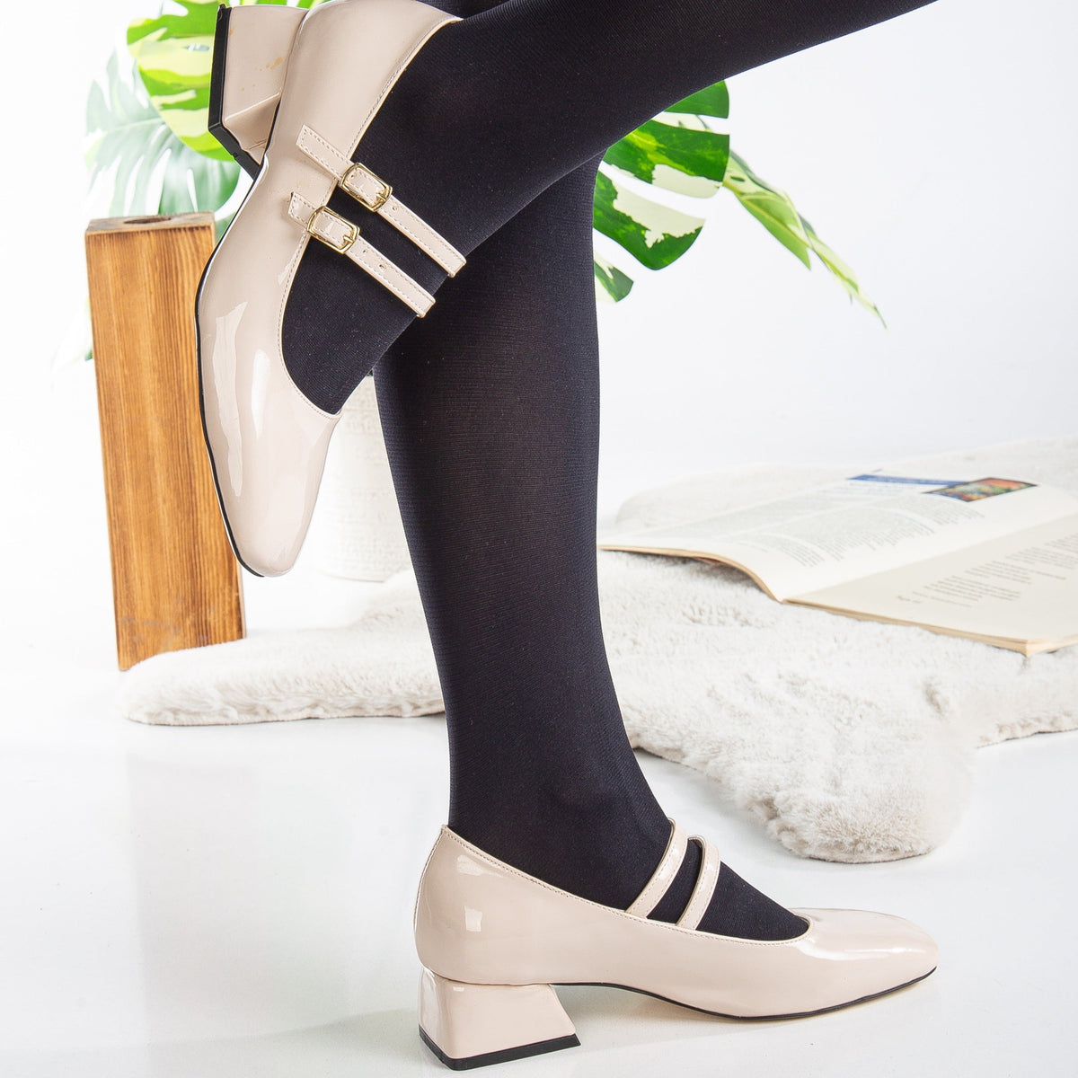 Lizbeth - Beige Mary Jane Shoes – top view showing leather, Vowalisse