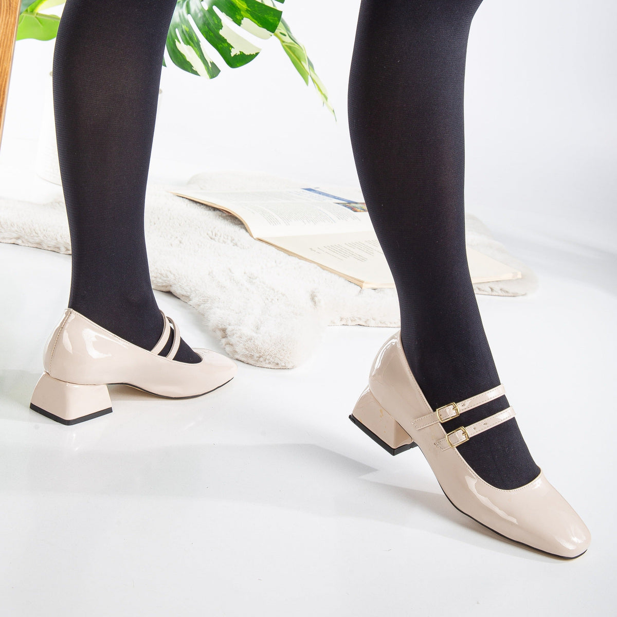Lizbeth - Beige Mary Jane Shoes – sole view showing leather, Vowalisse
