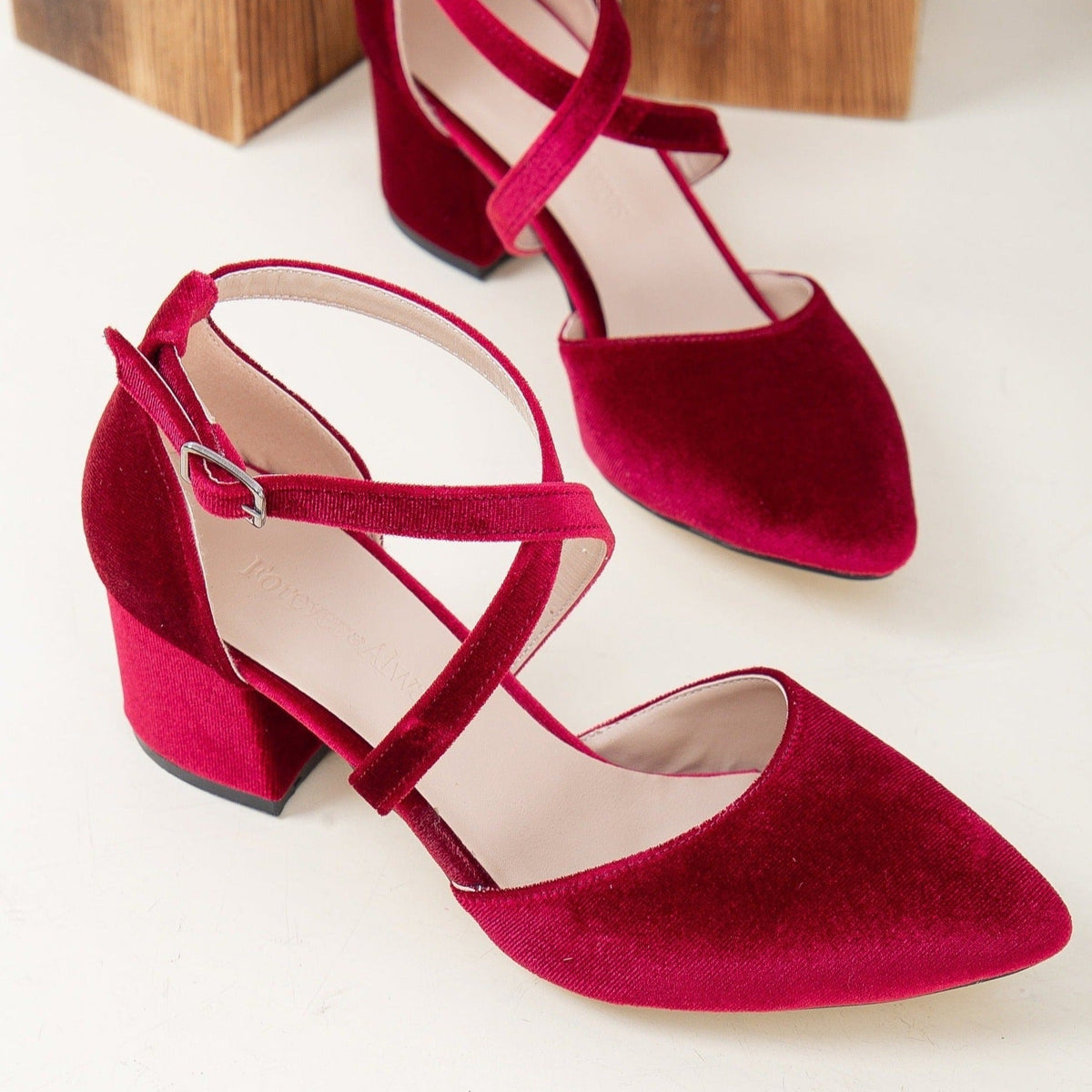 Dolly - Burgundy Velvet Low Heels – back view showing velvet, red, Vowalisse