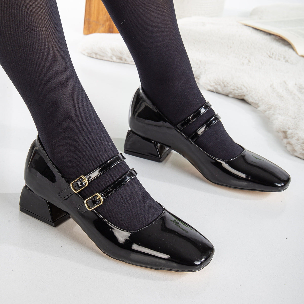 Lizbeth - Black Mary Jane Shoes – top view showing leather, black, Vowalisse
