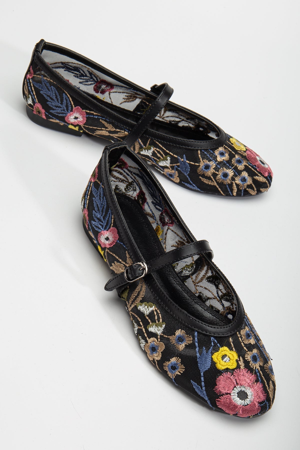 Fauna - Black Mesh Mary Jane Flats – front three-quarter view showing leather, mesh, black, Vowalisse