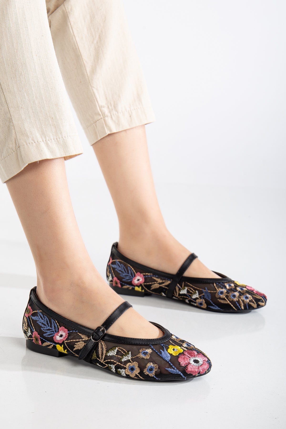 Fauna - Black Mesh Mary Jane Flats – detail view showing leather, mesh, black, Vowalisse