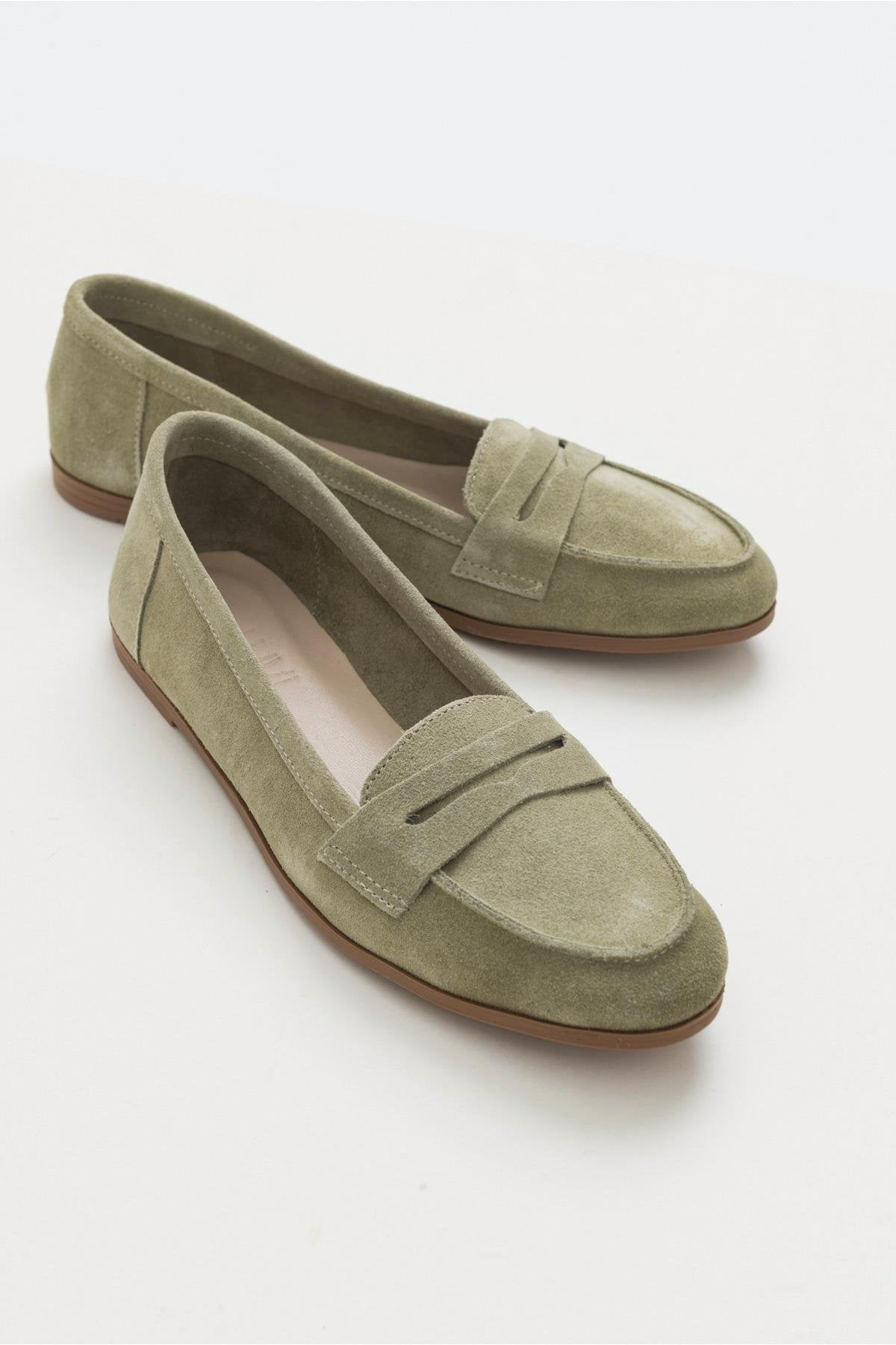 F02 - Light Green Genuine Suede Leather Loafer – front three-quarter view showing leather, suede, green, Vowalisse