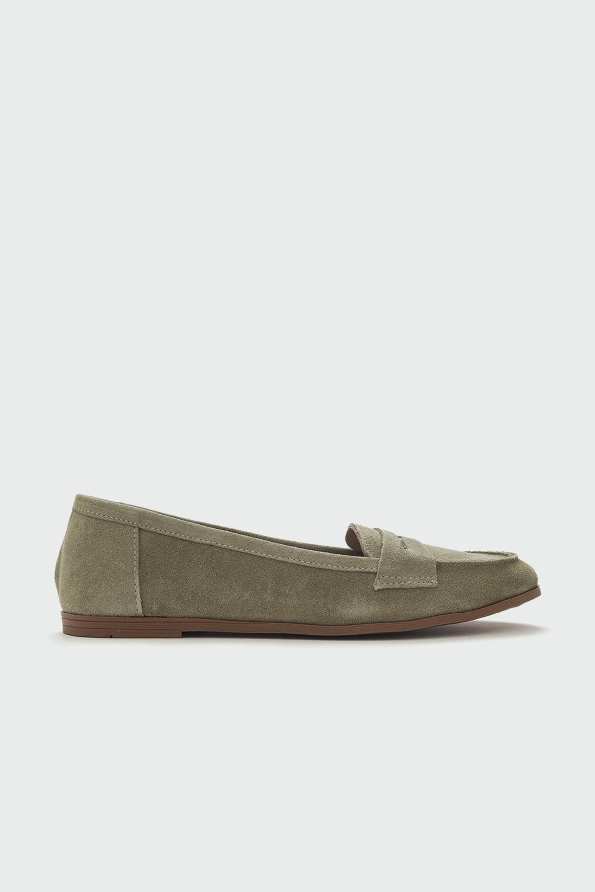 F02 - Light Green Genuine Suede Leather Loafer – top view showing leather, suede, green, Vowalisse
