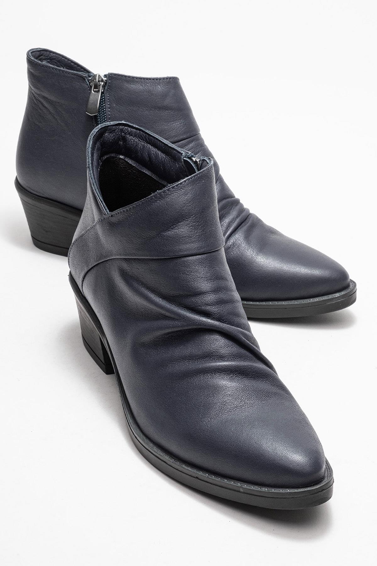 Rule - Navy Genuine Leather Chunky Heel Boot – front three-quarter view showing leather, Vowalisse