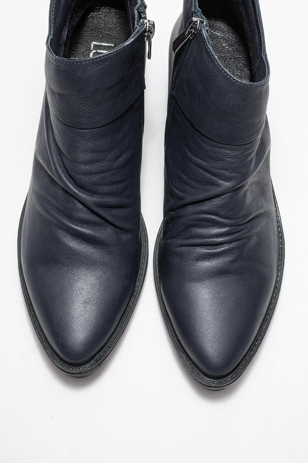 Rule - Navy Genuine Leather Chunky Heel Boot – side view showing leather, Vowalisse