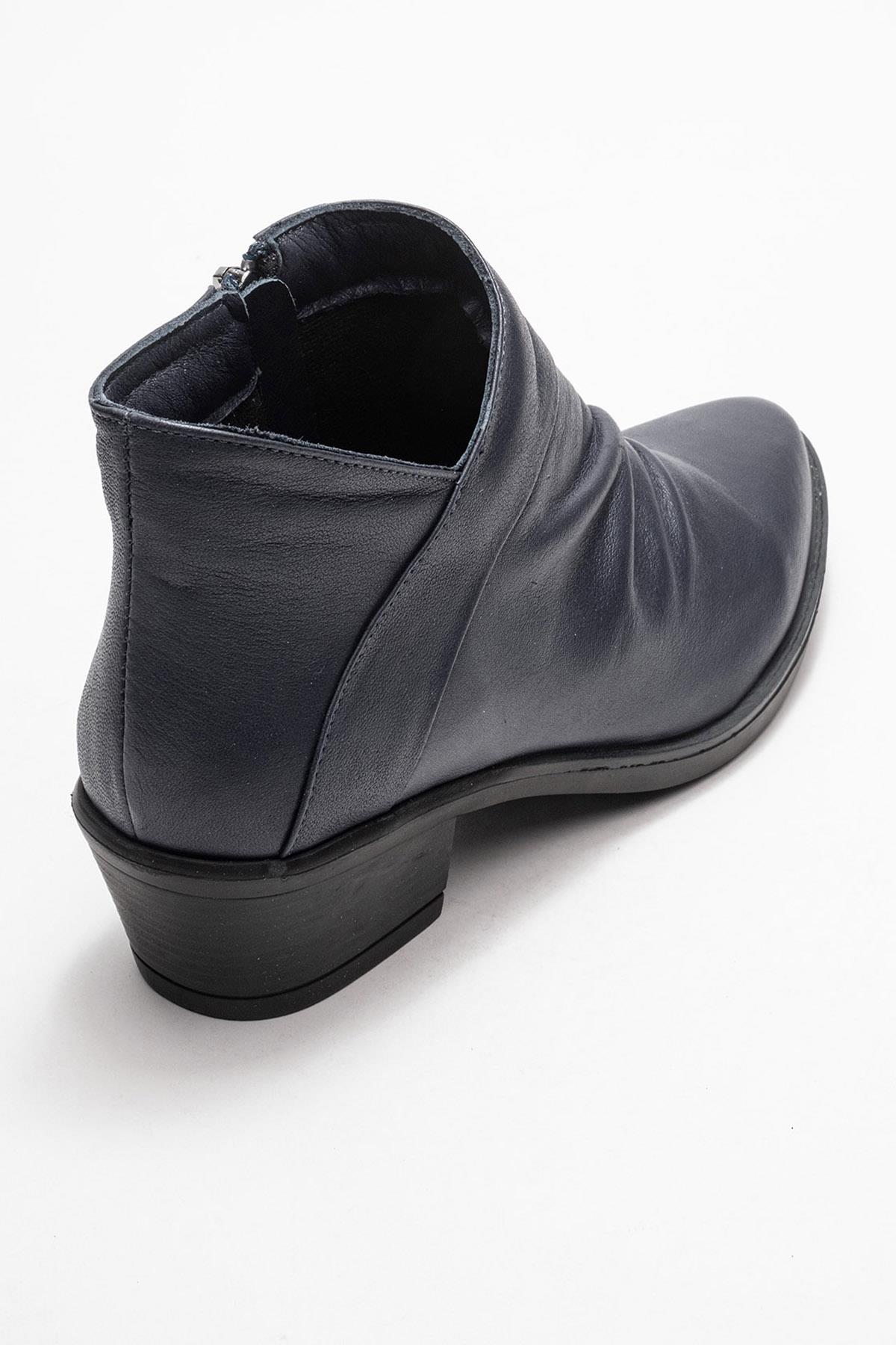 Rule - Navy Genuine Leather Chunky Heel Boot – back view showing leather, Vowalisse