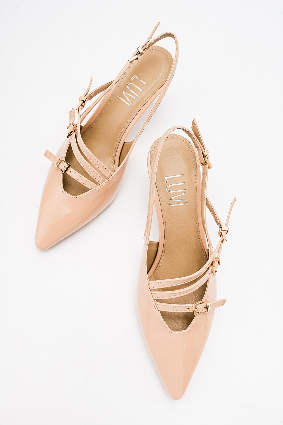 Magra Beige Patent Pointed-Toe Slingback Stiletto – back view showing leather, red, Vowalisse