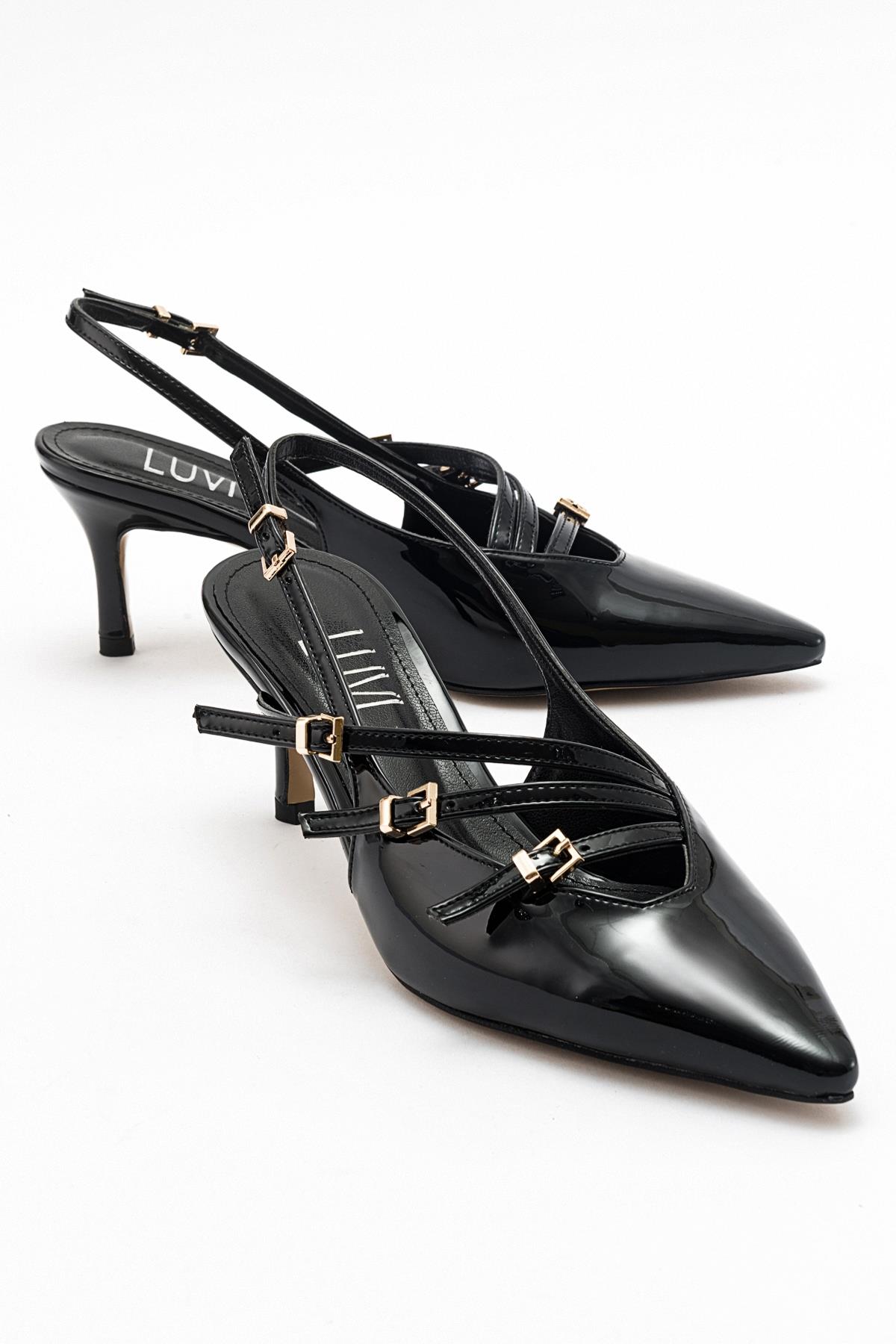 Magra Black Patent Pointed-Toe Slingback Stiletto – front three-quarter view showing leather, black, red, Vowalisse