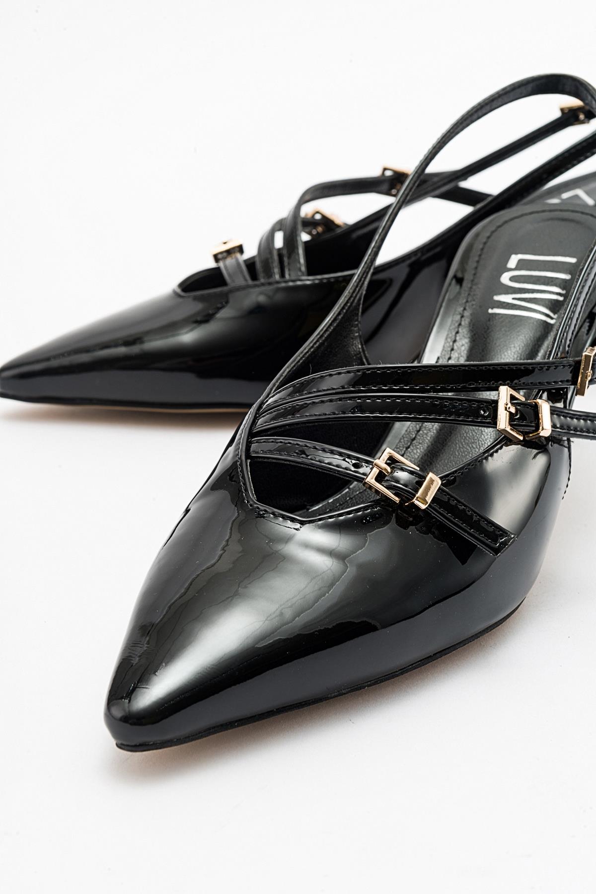 Magra Black Patent Pointed-Toe Slingback Stiletto – back view showing leather, black, red, Vowalisse