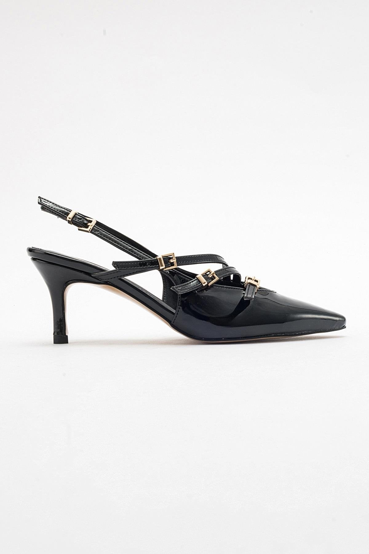 Magra Black Patent Pointed-Toe Slingback Stiletto – top view showing leather, black, red, Vowalisse