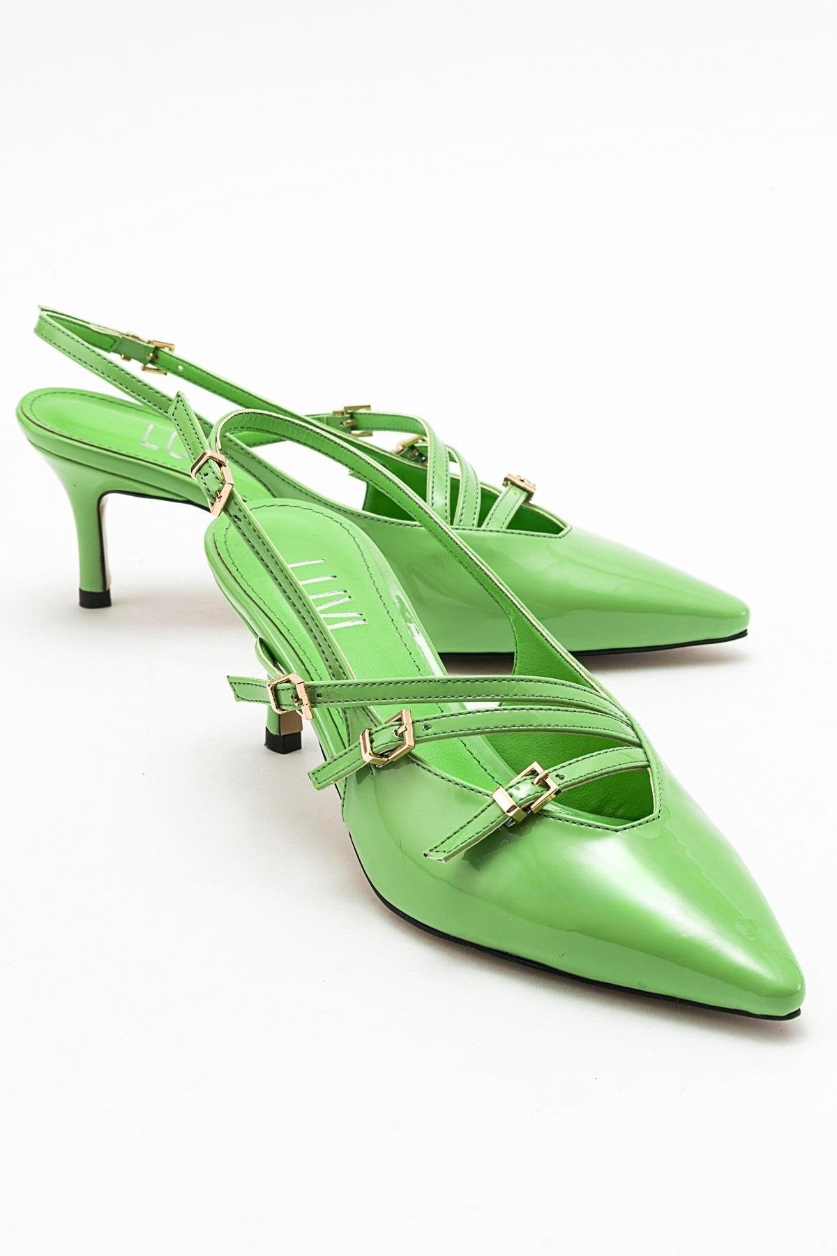 Magra Green Patent Pointed-Toe Slingback Stiletto – front three-quarter view showing leather, red, green, Vowalisse