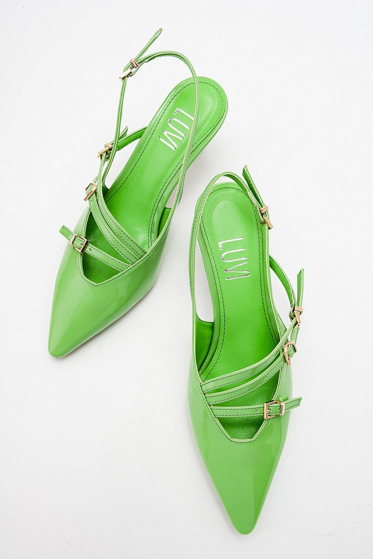 Magra Green Patent Pointed-Toe Slingback Stiletto – back view showing leather, red, green, Vowalisse