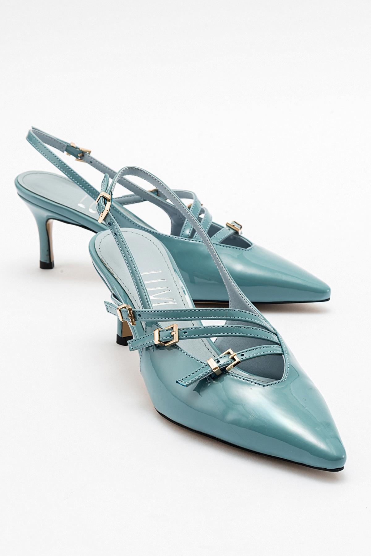 Magra Blue Patent Pointed-Toe Slingback Stiletto – front three-quarter view showing leather, blue, red, Vowalisse