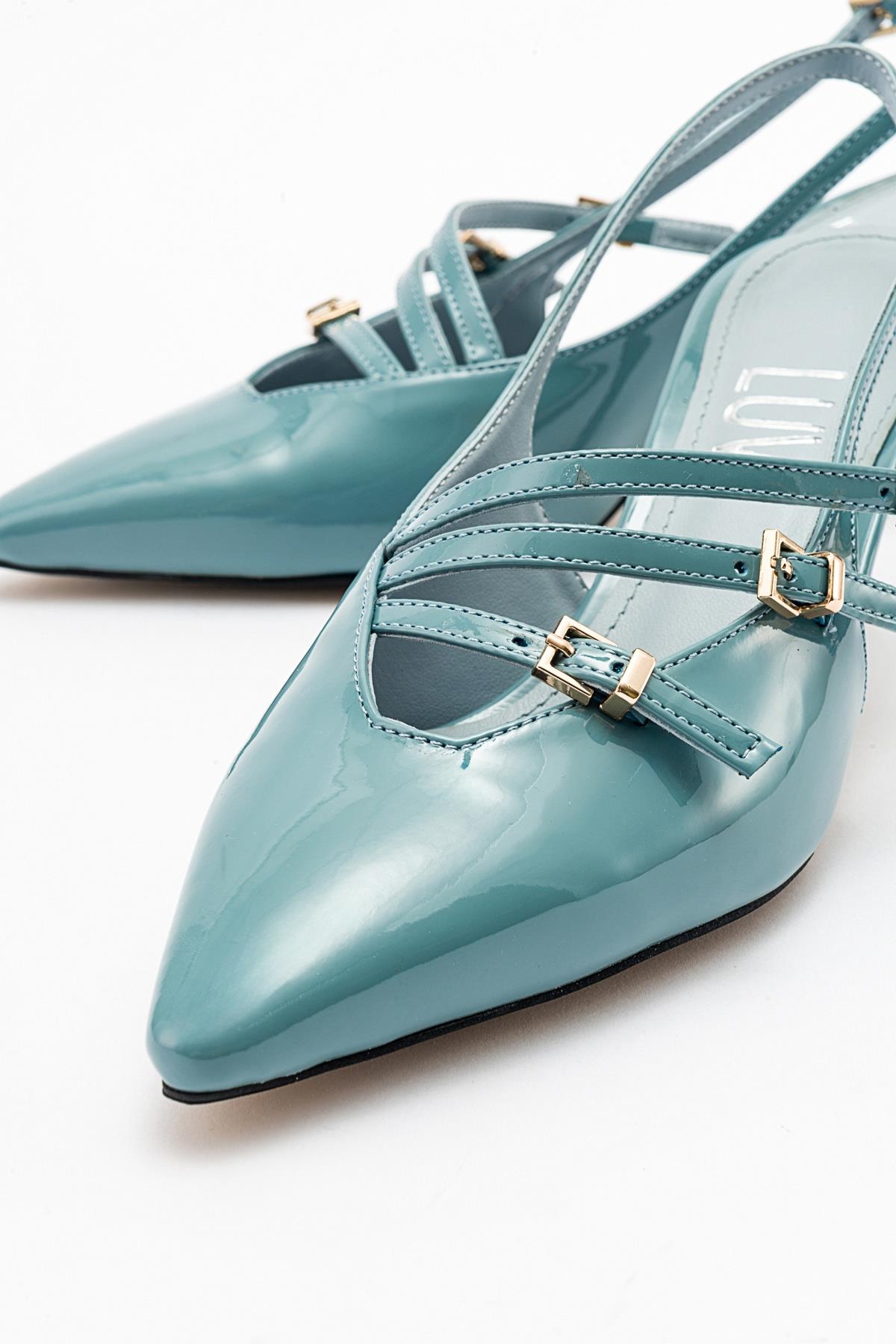 Magra Blue Patent Pointed-Toe Slingback Stiletto – detail view showing leather, blue, red, Vowalisse
