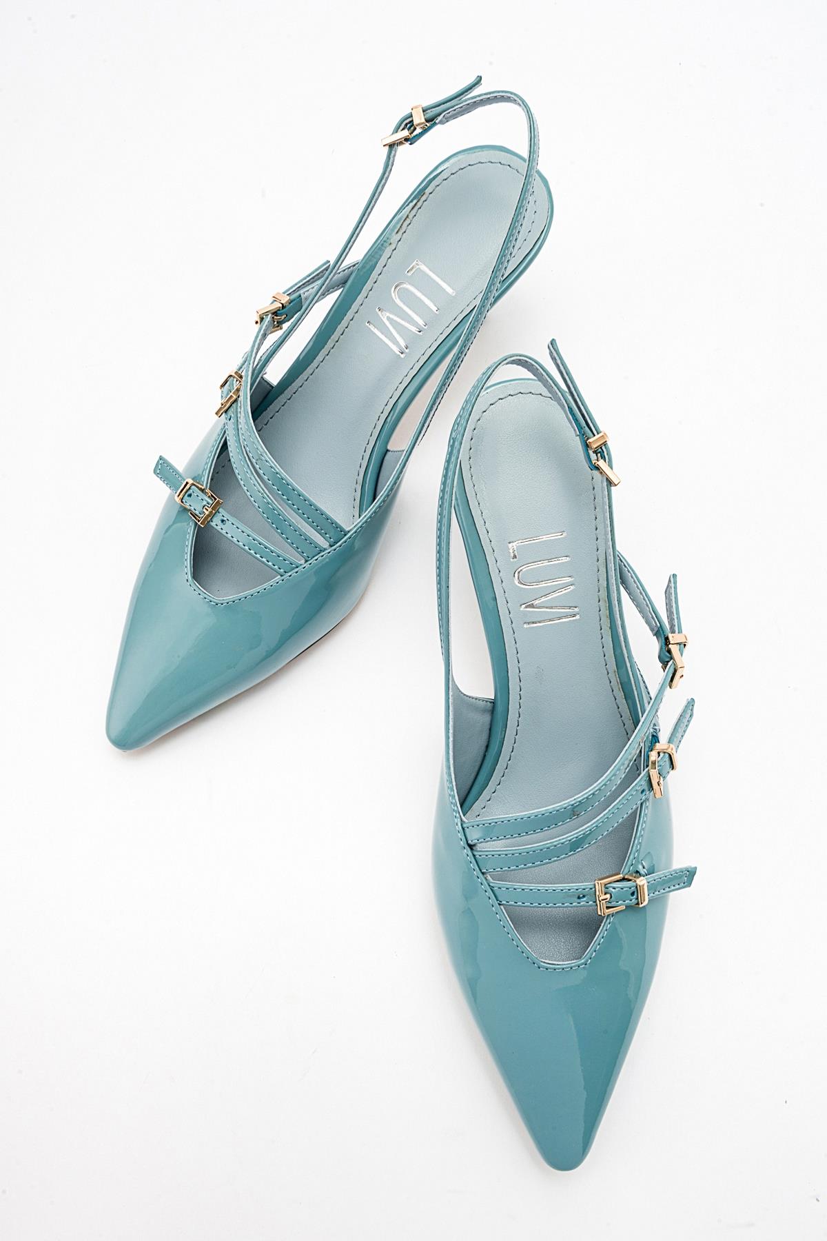 Magra Blue Patent Pointed-Toe Slingback Stiletto – heel view showing leather, blue, red, Vowalisse