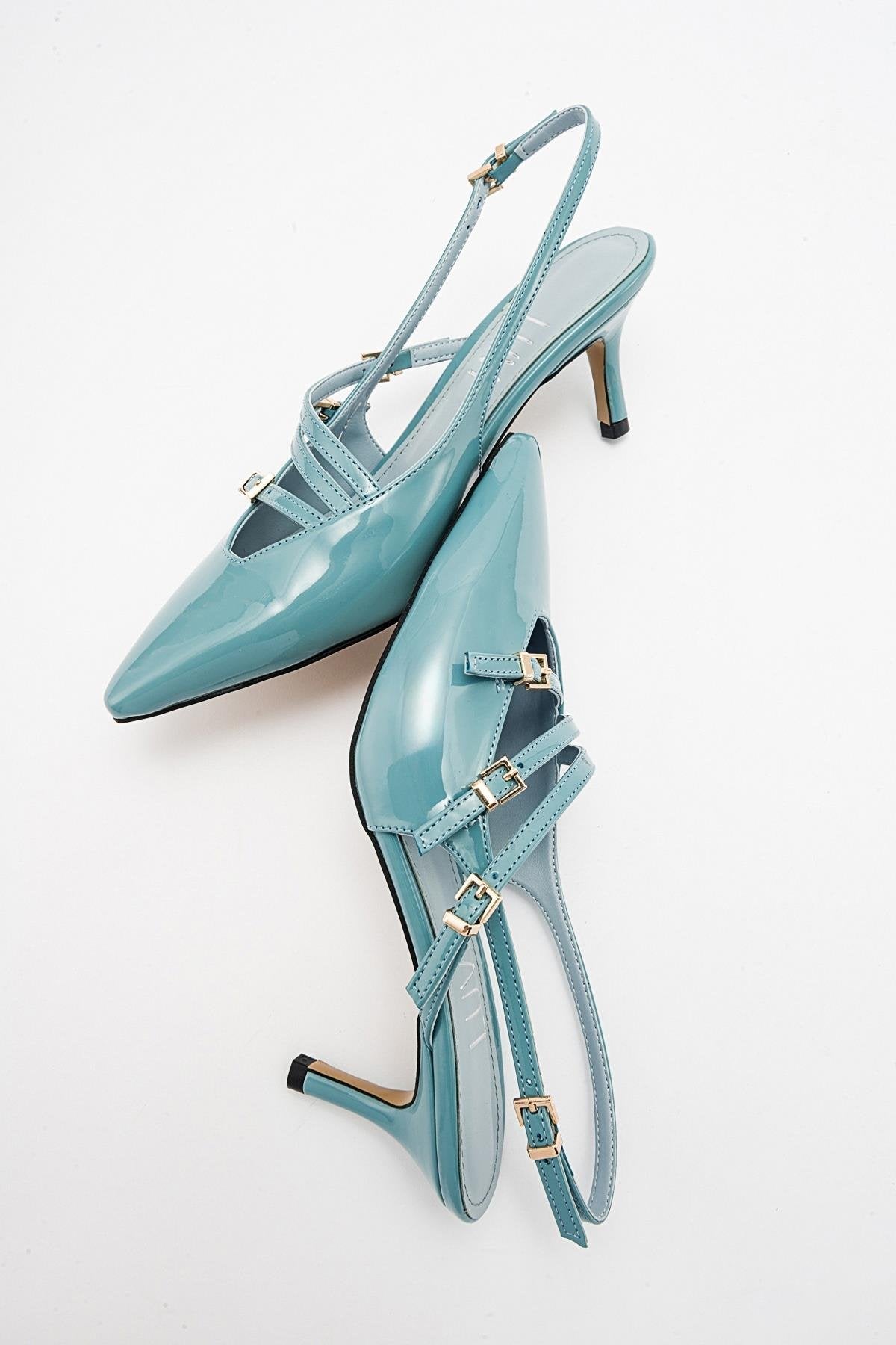 Magra Blue Patent Pointed-Toe Slingback Stiletto – back view showing leather, blue, red, Vowalisse