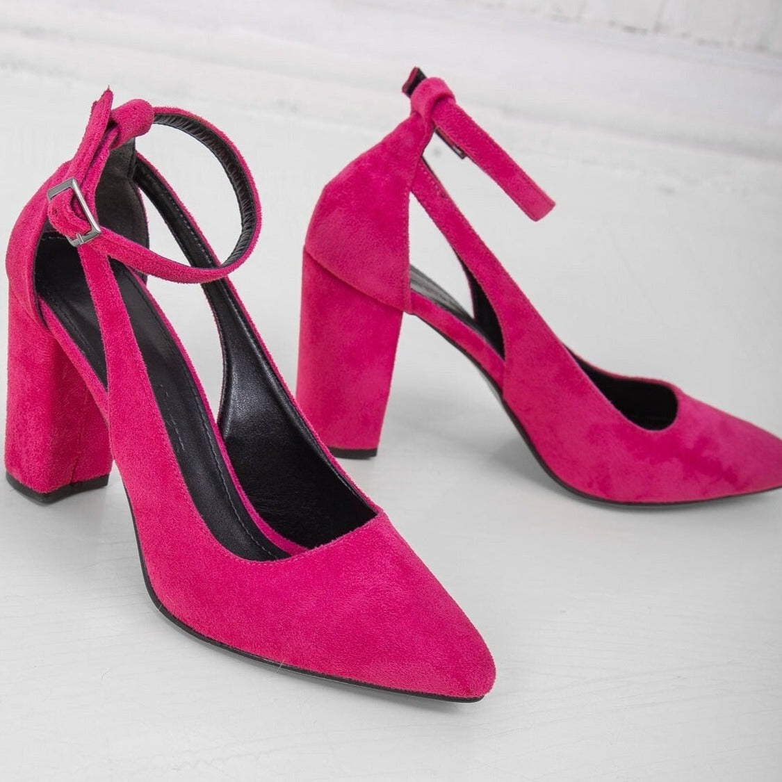 Colette - Pink Suede Block Heels – heel view showing velvet, leather, suede, Vowalisse