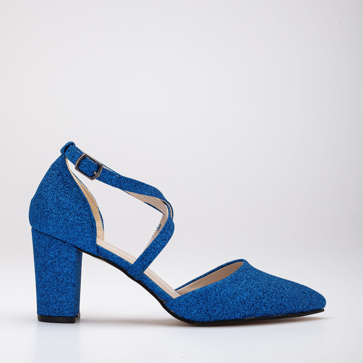 Sina - Bright Blue Glitter Heels – front three-quarter view showing glitter, blue, red, Vowalisse
