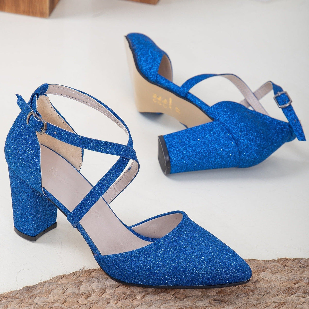 Sina - Bright Blue Glitter Heels – back view showing glitter, blue, red, Vowalisse