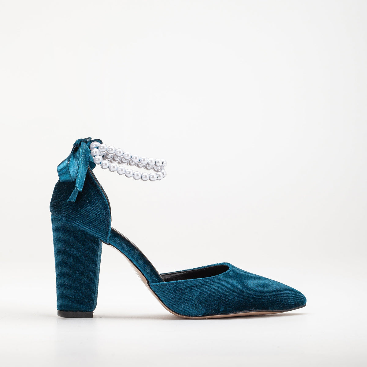 Hazel - Teal Blue Velvet Wedding Heels with Pearls – front three-quarter view showing pearl, velvet, blue, Vowalisse